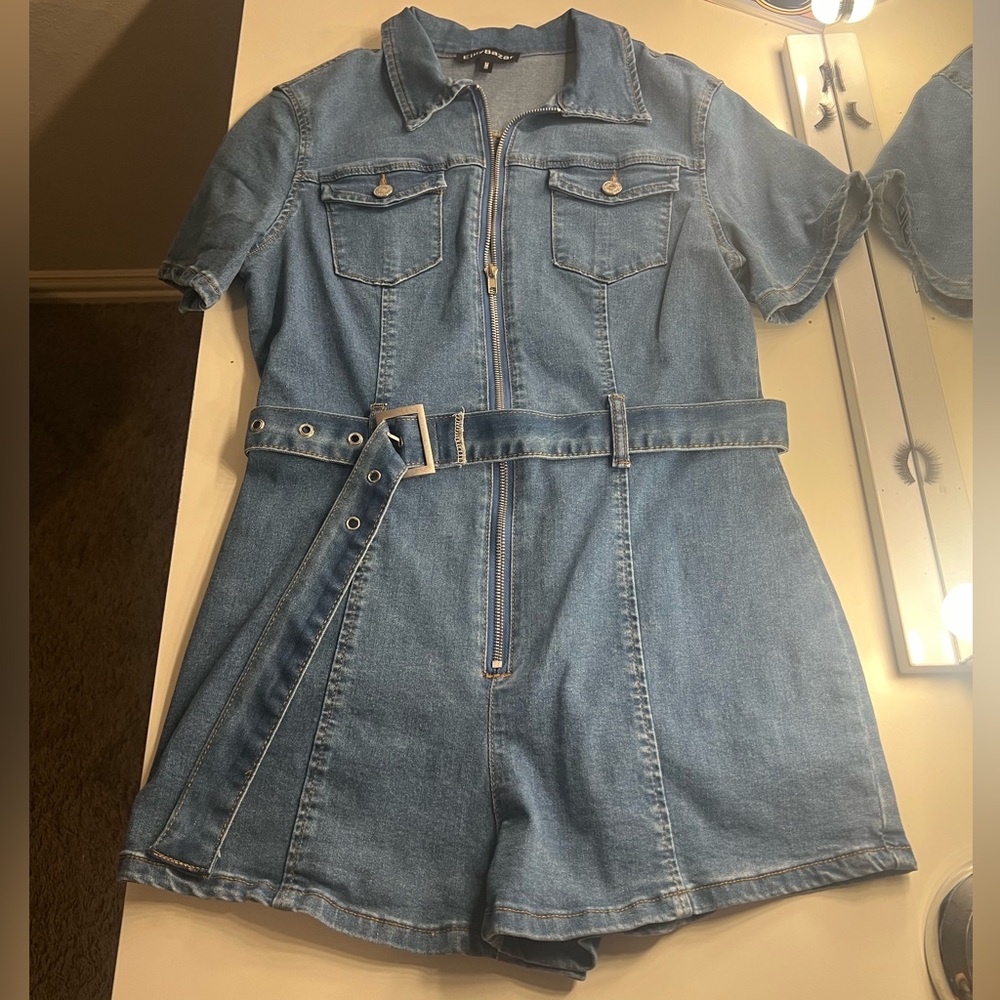 Blue Denim Romper with Belt